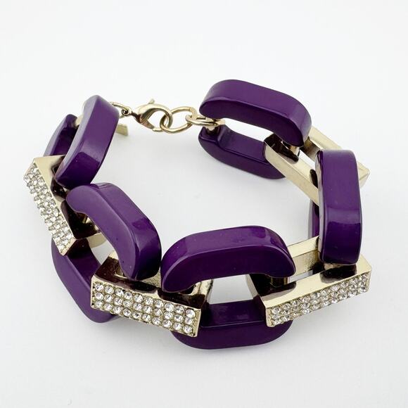 Banana Republic Purple Wooden Link Bracelet with Rhinestone Accents Gold Tone‎ - Picture 1 of 10